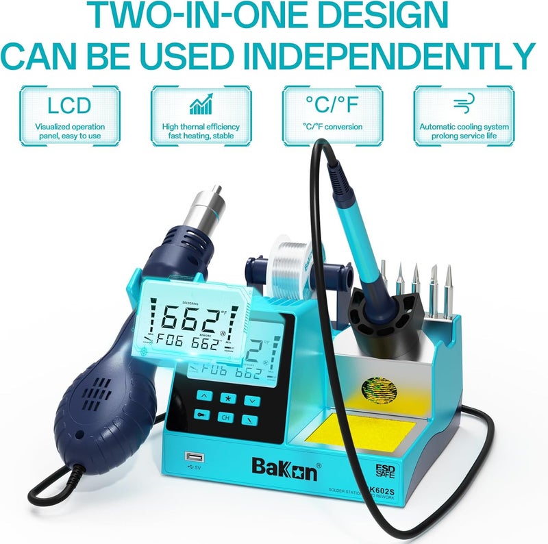 BAKON BK602S 2 in1 Soldering Iron Hot Air Rework Station,Digital Soldering Welding Iron Kit for Electronic DIY Circuit Work, Rapid Heat up Solder Station,Auto Sleep,ºC/ºF Conversion - Image 2